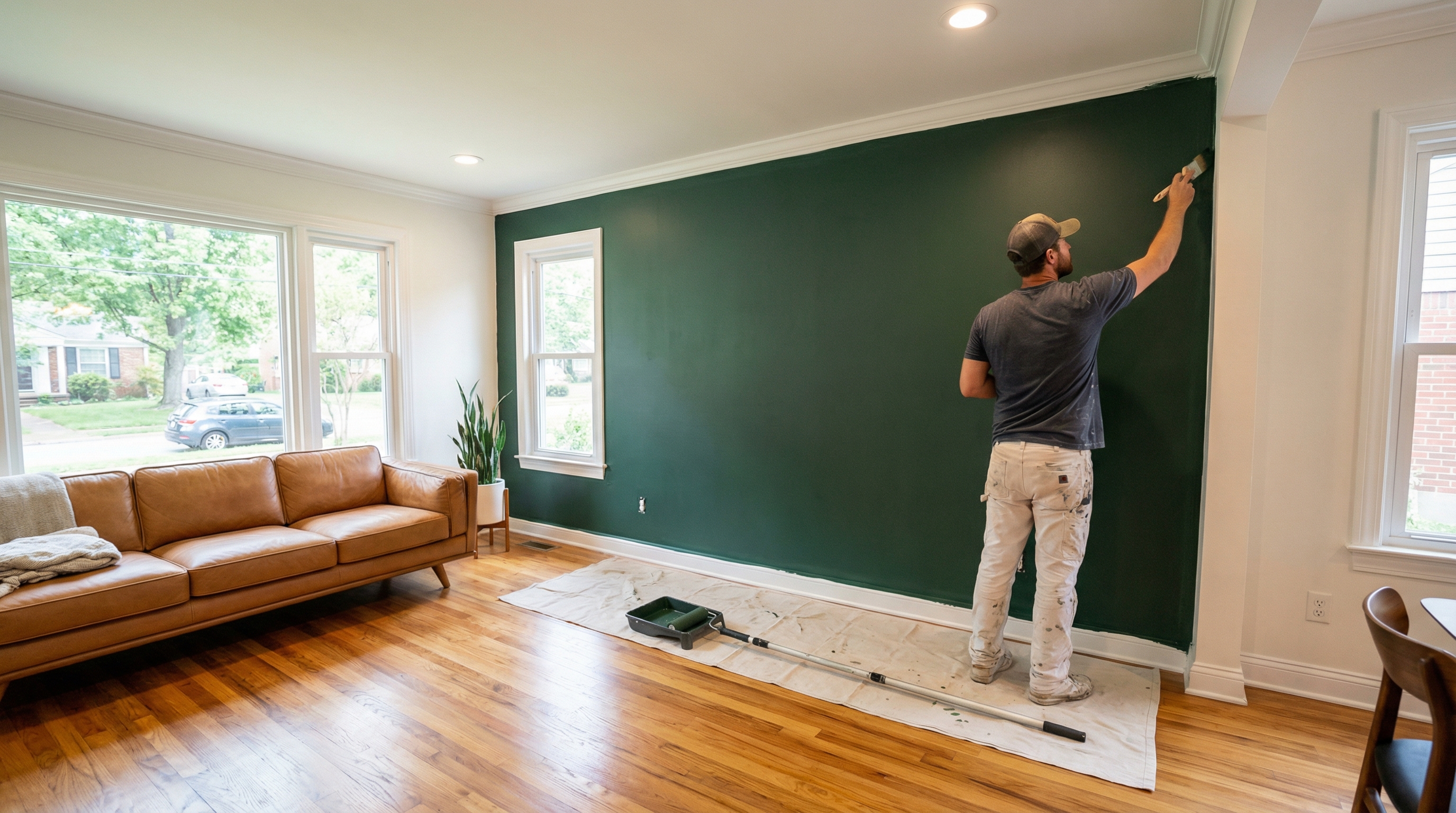 Professional painter cutting in a deep green accent wall in a Nashville living room